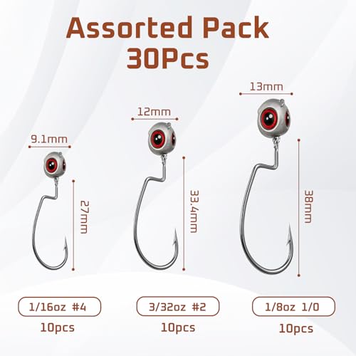 PBWILD 30/10Pcs Swimbait Jig Heads Assorted Sizes for Bass & Walleye - Texas Rig Compatible