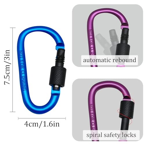 3-Inch D-Shape Locking Carabiner Clips - Multicolor Set of 6
