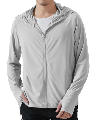Locachy Men's UPF 50+ Sun Protection Zip Hoodie - Large Light Grey Outdoor Performance Shirt