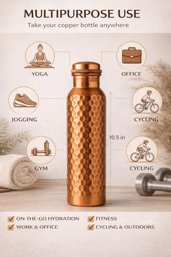 SYTH Hammered Copper Water Bottle 34 OZ with Canvas Bag - Handcrafted Ayurvedic Leakproof Drinkware