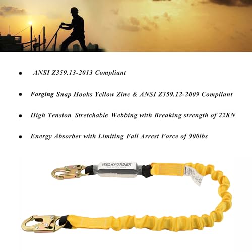 6-Foot Shock Absorber Stretchable Safety Lanyard with Double Snap Hook Connectors ANSI Z359.13-2013 Compliant Fall Protection Equipment