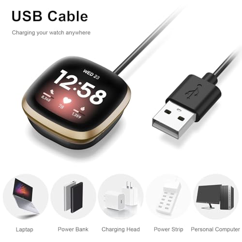 USB A + USB C Charger Cable for Fitbit Versa 4 & Sense 2 - 2 Pack