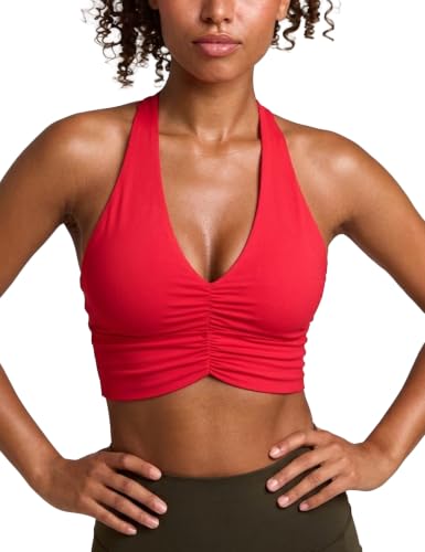 Awwena Women's Serene Scrunch Longline Sports Bra V-Neck Padded Yoga Tank, Scarlet Bloom, Medium