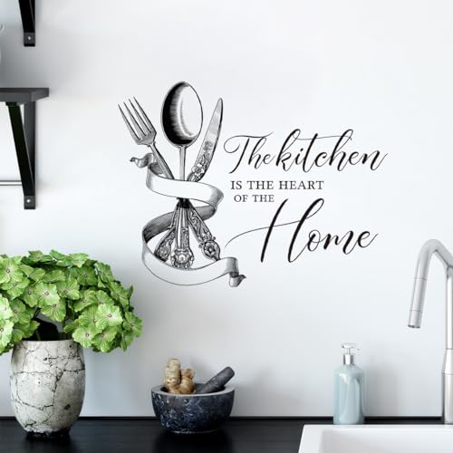 Kitchen-Themed Wall Decal - 'The Kitchen is The Heart of The Home' with Silver Utensils Design The Wall Decal adds a Warm and Functional Touch to Your Kitchen, Easy Peel & Stick