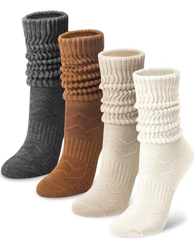 Slouchy Boot Scrunch Socks for Women - 4 Pairs B-Beige Khaki Caramel Dark Grey