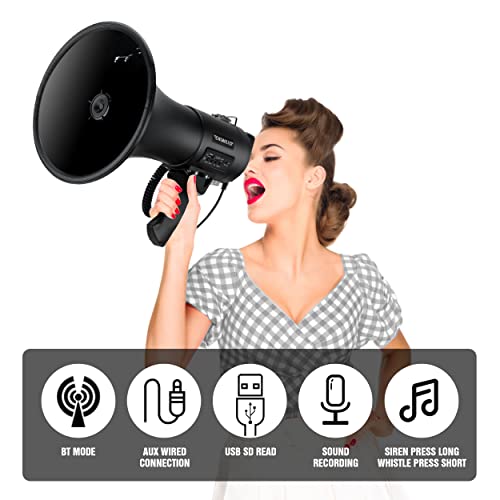 50W Bluetooth Megaphone with Siren & Recording - Matte Black