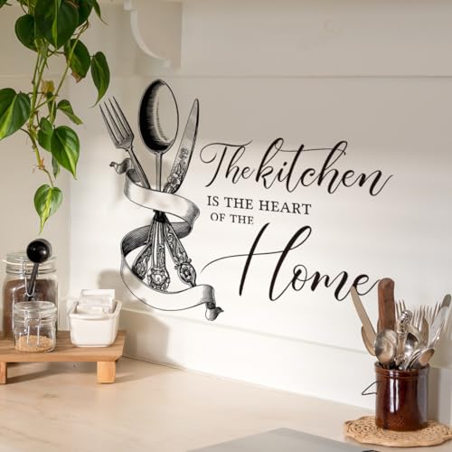 Kitchen-Themed Wall Decal - 'The Kitchen is The Heart of The Home' with Silver Utensils Design The Wall Decal adds a Warm and Functional Touch to Your Kitchen, Easy Peel & Stick