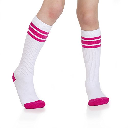 Knee High Baby & Toddler Socks with Arch Support - 12-24 Months, White with Purple & Hot Pink