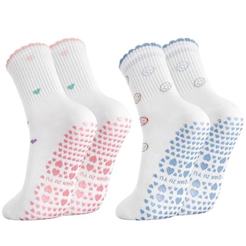 Women's Ruffle Pilates Grip Socks - Non-Slip Yoga Crew Socks - Pink/Blue