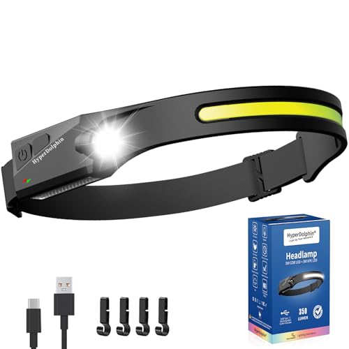 HyperDolphin Headlamp Rechargeable USB-C 230° Wide Beam — Black, 68g, Water-Resistant
