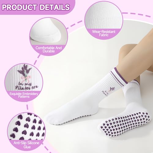 Pilates Socks with Grips for Women - 5 Pcs Ruffled Set - Pink, Purple, Orange, Green, Black