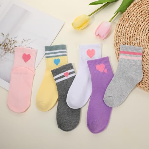 Kids Athletic Socks - 6 Pairs Crew Cotton Socks, Hearts & Stripes, Ages 6-8