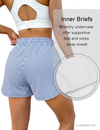 BMJL Women's 2.5" High Rise Athletic Shorts with Zipper Pockets - Blue Striped, Medium