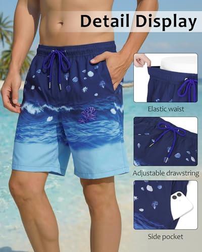 Men's Swim Trunks 2 in 1 7 Inch Beach Shorts with Pockets - Light Blue Large