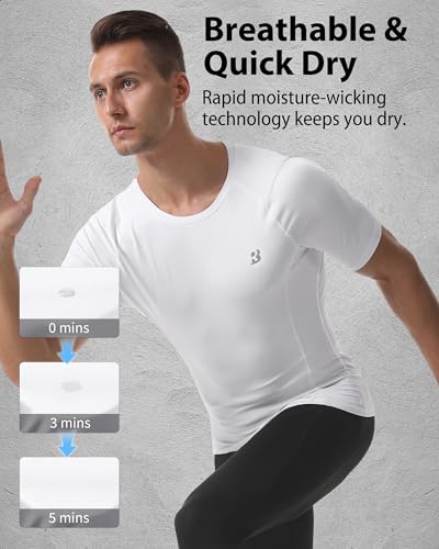 Men's Compression Shirt - Short Sleeve Cool Dry Base Layer - White / Medium