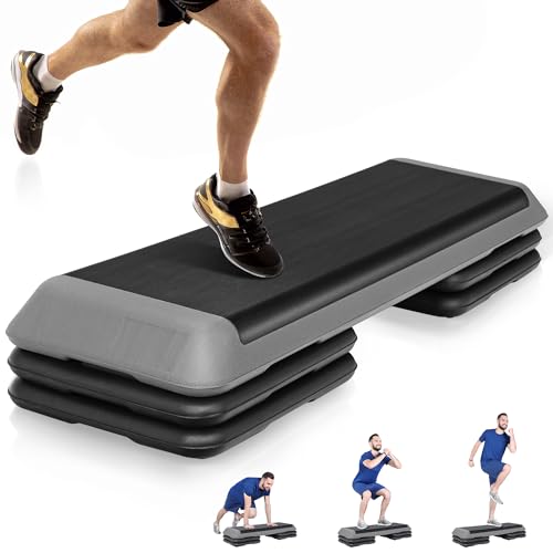 Adjustable Aerobic Step Platform - 43 Inch Black Stepper with 4 Risers