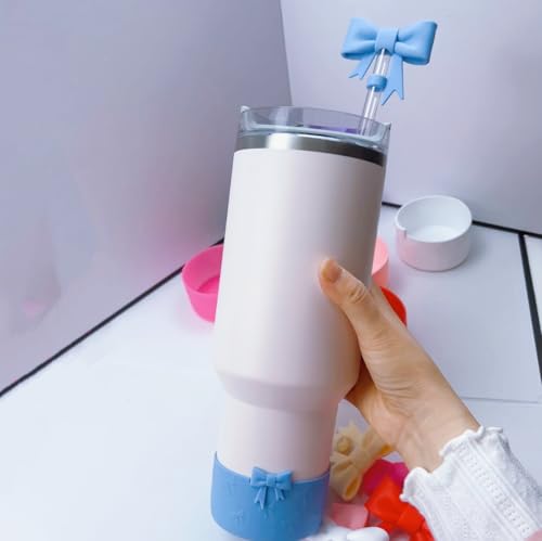Silicone Bottle Cover & Bow Shape Straw Topper for Stanley Cup 12-40oz - Blue
