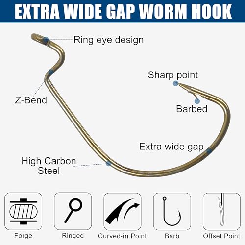 80PCS EWG Bass Fishing Hooks - Gold 1/0 Offset Worm Hooks