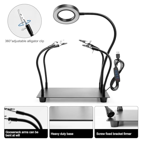 Helping Hands Soldering, PCB Holder Soldering Station Third Hand Tool with 5X Magnifying Glass with Light, 4 Arms Helping Hands Non-Slip Steel Weighted Base for Welding