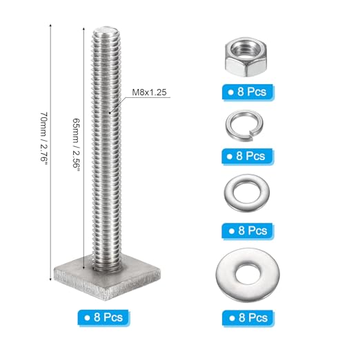 PATIKIL M8 x 65mm T Slot Bolts 8x Square Head T-Bolts with Nuts Washers Stainless 304 for Roof Rack