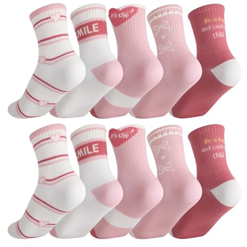 Kids Girls Crew Athletic Socks - 5 Pairs, Pink & White, Ages 9-12