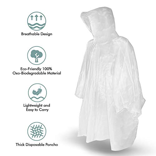 Disposable Rain Poncho with Hood for Adults - Clear, 2-Pack