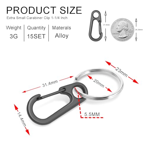 Small Carabiner Clip Set - Metal Snap Hooks for Key Chains & Gear - Gun Black+Rings 12 Set