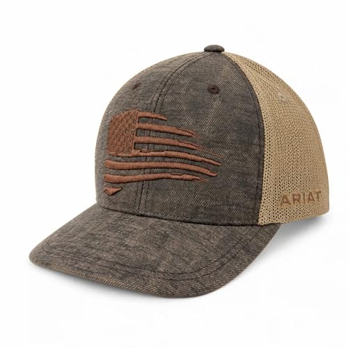 ARIAT Men's Brown Snapback Baseball Cap with Distressed USA Flag - One Size