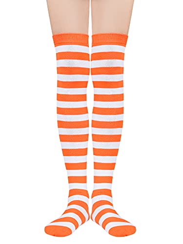 Thigh High Striped Socks - Extra Long Tube for Women - One Size Orange/White
