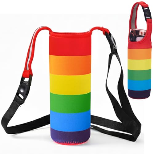 Rainbow Neoprene Bottle Holder - Adjustable Crossbody Pouch - Medium 16oz
