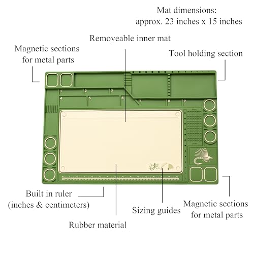 Fly Tying Mat with Magnetic Tool Holders, Removable Inner, Non-Slip Green