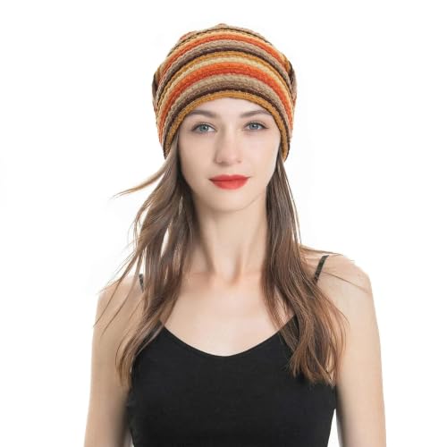 ZLYC Women's Striped Orange Knit Slouchy Beanie Hat - One Size Thin Skull Cap
