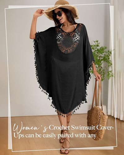Women's Crochet Chiffon Swimsuit Coverup Dress - Black