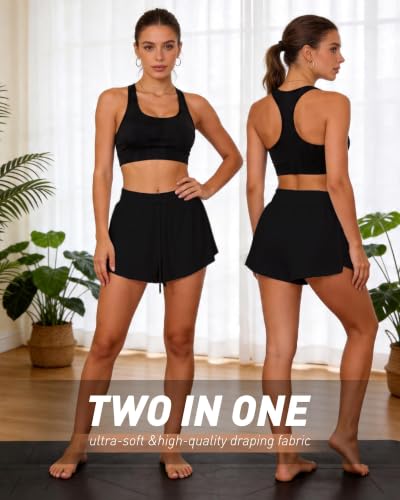 Womens Athletic Shorts High Waisted 2 in 1 Flowy Workout Skorts with