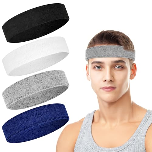 Cotton Terry Sweat Headbands for Men & Women - 4 Pack Black/White/Gray/Blue