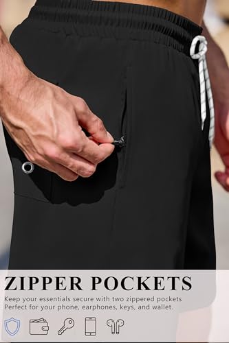 COOFANDY Men's 7-inch Black Swim Trunks with Compression Liner & Zipper Pockets - Large