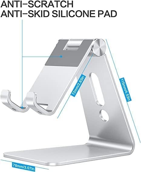 OMOTON Adjustable Cell Phone Stand - Aluminum Desktop Holder with Anti-Slip Base & Charging Port | Fits All Smartphones, Silver