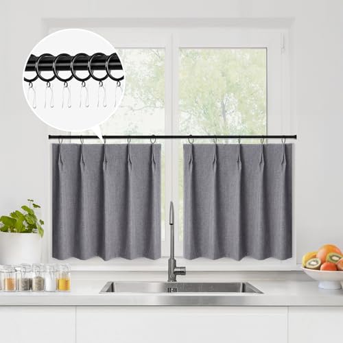 WdFour 24x24 Inch Blackout Linen Look Window Curtains - Dark Gray Pack of 2