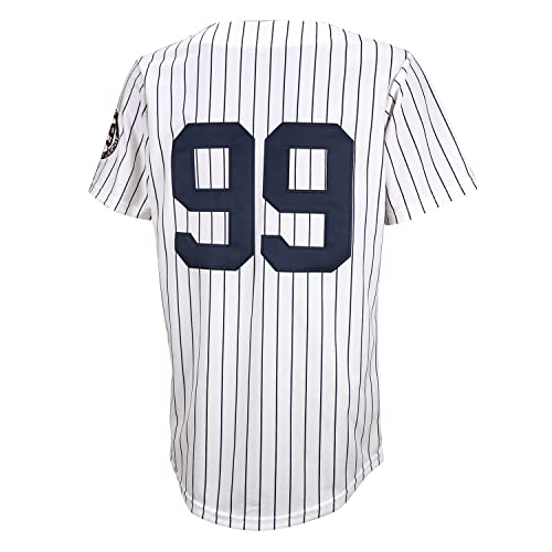 Men's Medium White 99 Baseball Jersey with Embroidered Patches & Navy Stripes