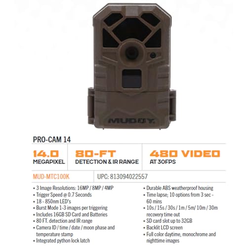 Muddy Pro Cam 14 Trail Camera 14MP 480 Video 80ft IR Range Hunting Outdoor