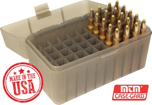50-Round Rifle Ammo Box - Durable Polypropylene Storage - Clear Smoke