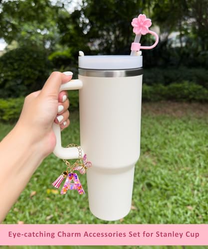 Initial Letter Charm & Silicone Straw Cover Set for 10mm Tumbler Straws - Pink