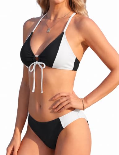 Two Piece Color Block Bikini Set with Push Up Design - Black, Small