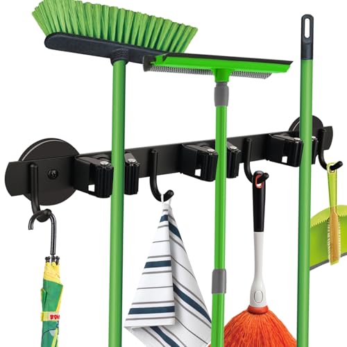 Strong Magnetic Mop Broom Holder, Heavy Duty Magnetic Mop Hanger for Refrigerators, Anti-Slip Magnet Wall Mounted Broom Holder Storage Rack for Laundry Garage Kitchen Workshops Shed