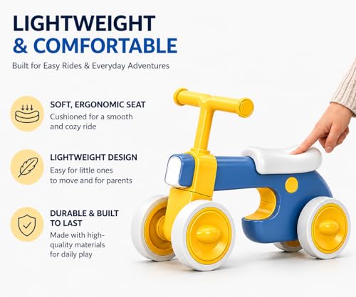 Henry & Colin Blue First Balance Bike for 12–36 Months, 4-Wheel Toddler Ride-On with Lights & Music