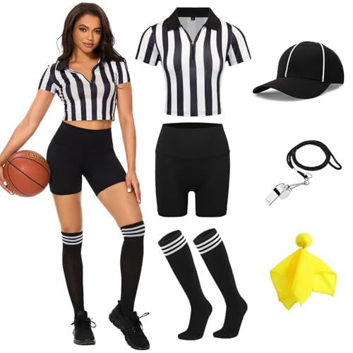 Redgino Women's Referee Costume Set Zipper Crop Top Shorts Hat Socks Whistle Halloween