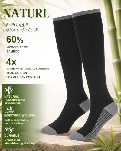 Tinojye Bamboo Compression Socks Women Large-X-Large Black White 15-20mmHg Knee-High Support