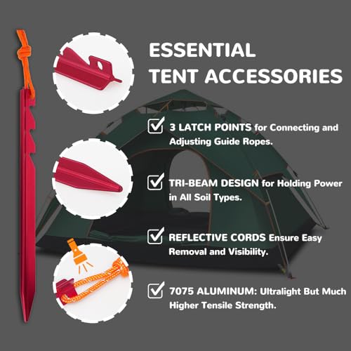 7075 Aluminum Tent Stakes 15-Pack - Ultralight Tri-Beam Pegs with Reflective Cord