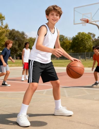 Boys Athletic Shorts - Kids Basketball & Soccer Sports - 9-10 Years Black