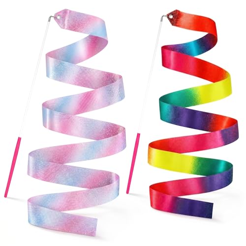 Dance Ribbons for Kids - Rainbow Gradient & Sparkling Pink - 2 Pack